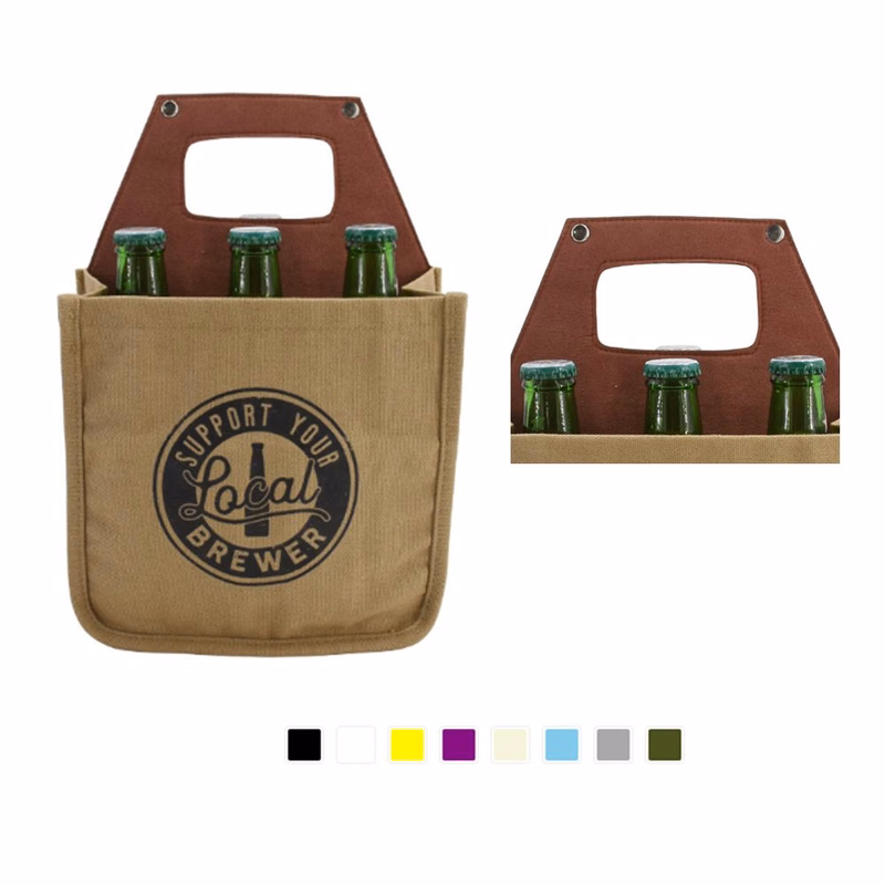 6 Pack Canvas Bottle Cooler w/Leather Handle