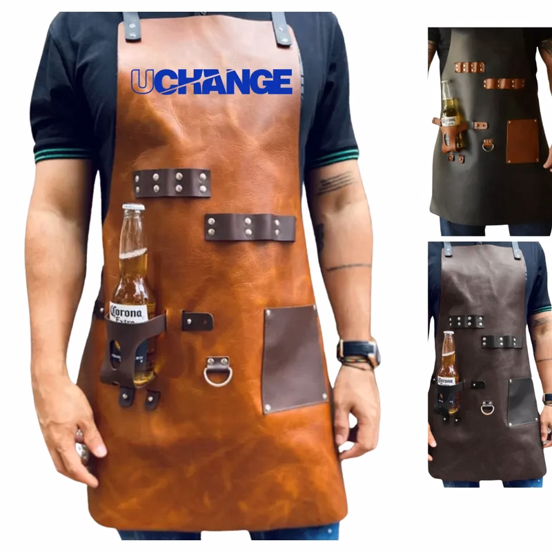 PU Leather BBQ Apron with Bottle Holder & Pockets