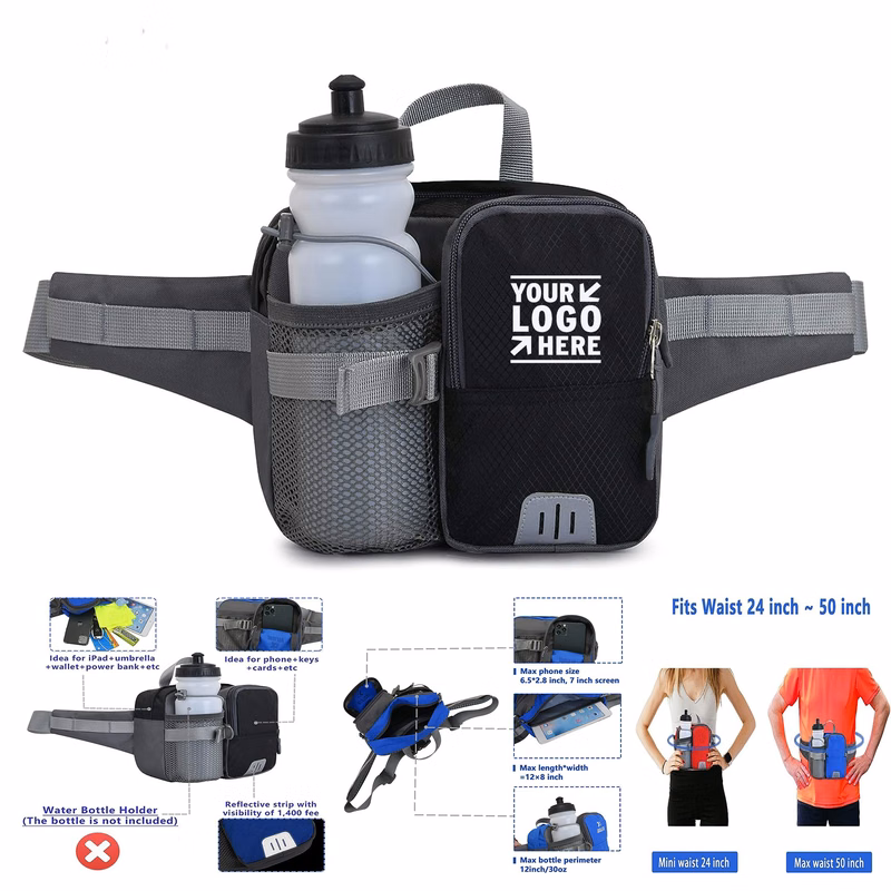 Running Fanny Pack Hiking Waist Belt For 9" Phone With 30oz Water Bottle Holder Reflective Strip