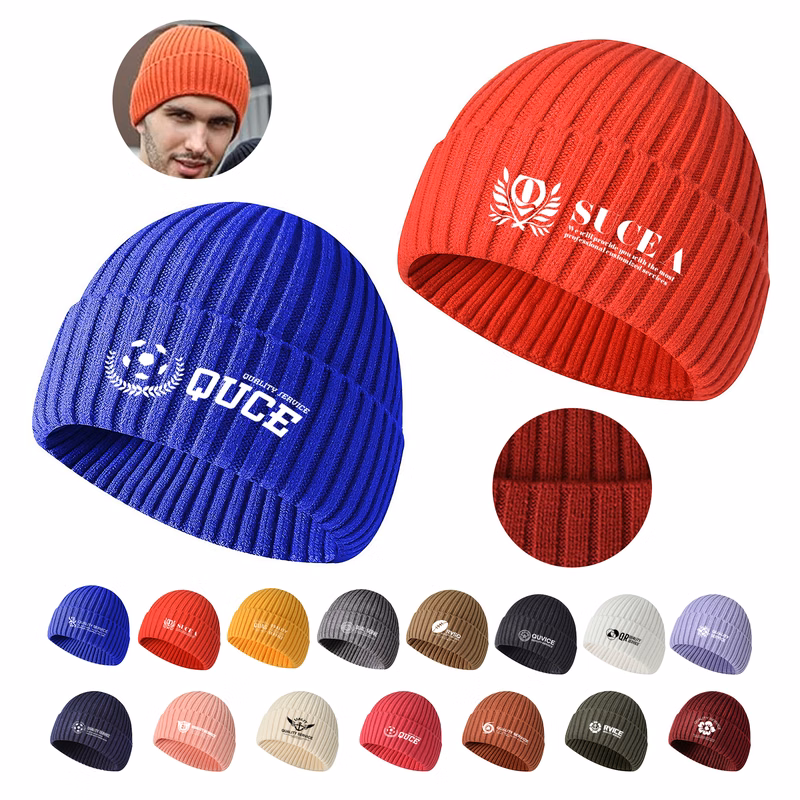 Embroidery Ribbed Knitted Beanie Caps With Cuff