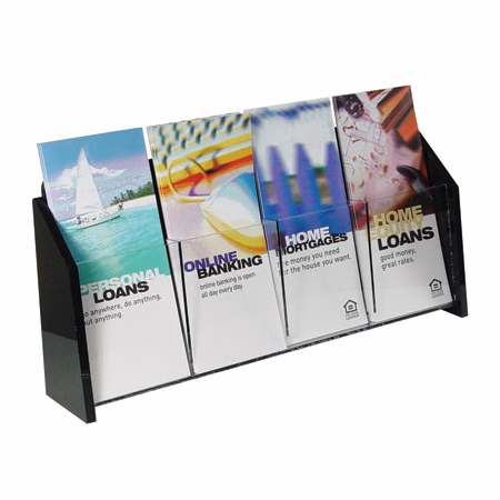 Wall Mount Brochure Holder, Clear w/Black Ends, 1-tier, 4 pockets