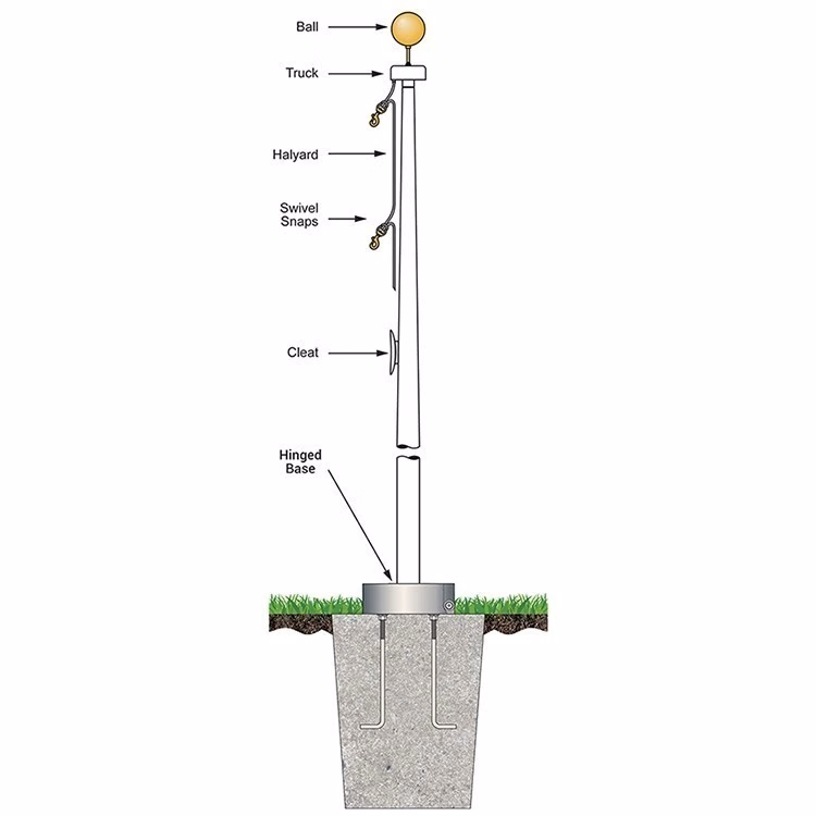 50' White Fiberglass Flagpole External Halyard - Hinged Base