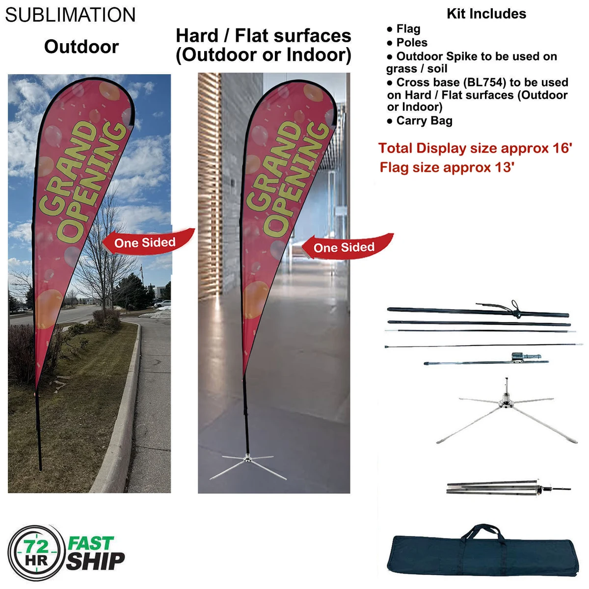 72Hr Fast Ship -16' XL Tear Drop Flag Kit, Full Color Graphics One Side, Outdoor & Indoor Use 1