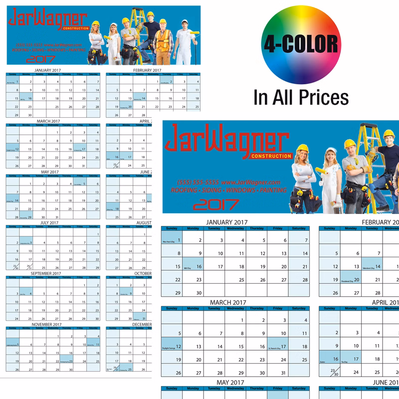Wall Calendar: Jumbo Size Year-At-A-Glance, Dry Eraser Friendly, 4-Color Custom Graphics Included