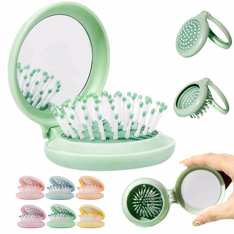 Round Travel Pop-Up Mini Brush with Mirror Folding Pocket
