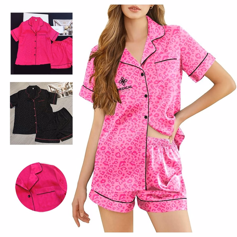 Womens Silk Satin Pajama Set Print Short Sleeve Sleepwear Button Down Pjs Shorts Set