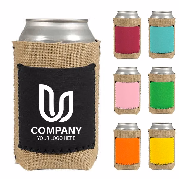 Burlap Can Cooler with Neoprene Pocket