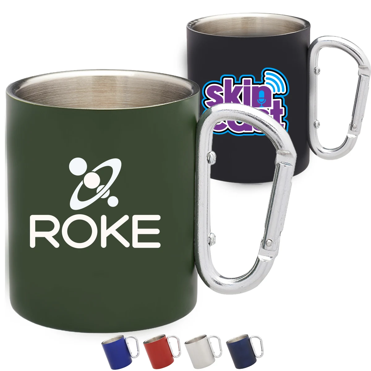 10 oz Stainless Steel Coffee Mugs w/ Custom Logo & Carabiner 1