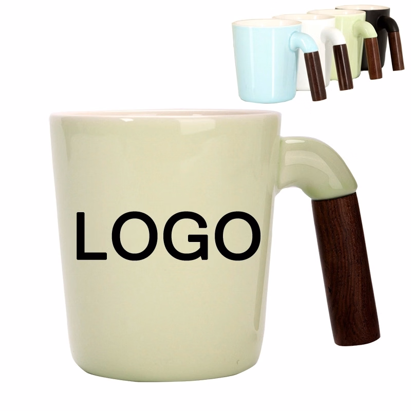 12 OZ. Custom Wooden Handle Ceramic Coffee & Milk Drink Mug
