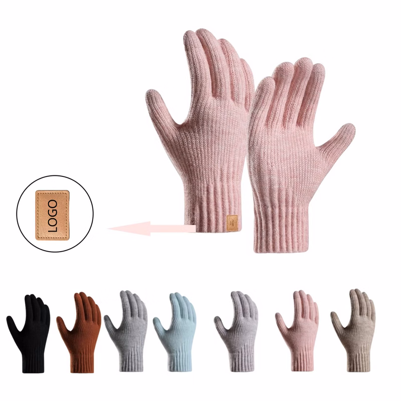 Soft Knit Gloves With Leather Logo Patch