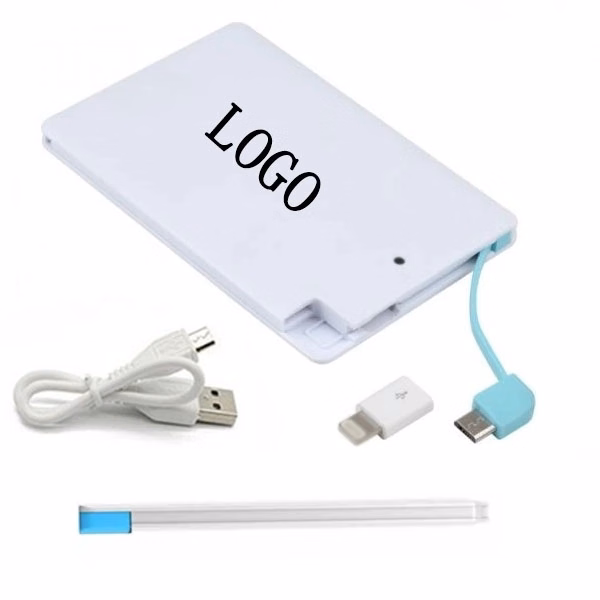 2500mah Credit Card Power Bank with Built In Cable