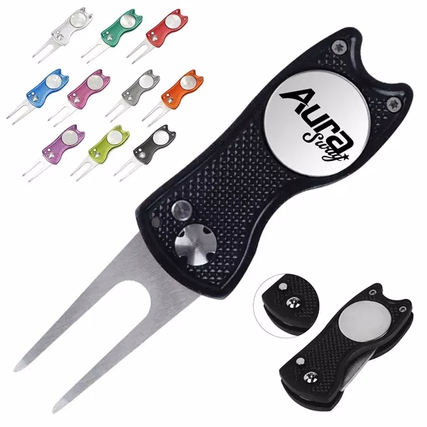 Custom Aluminum Folding Divot Pocket Fork Tool — Full-Color Golf Corporate Gift