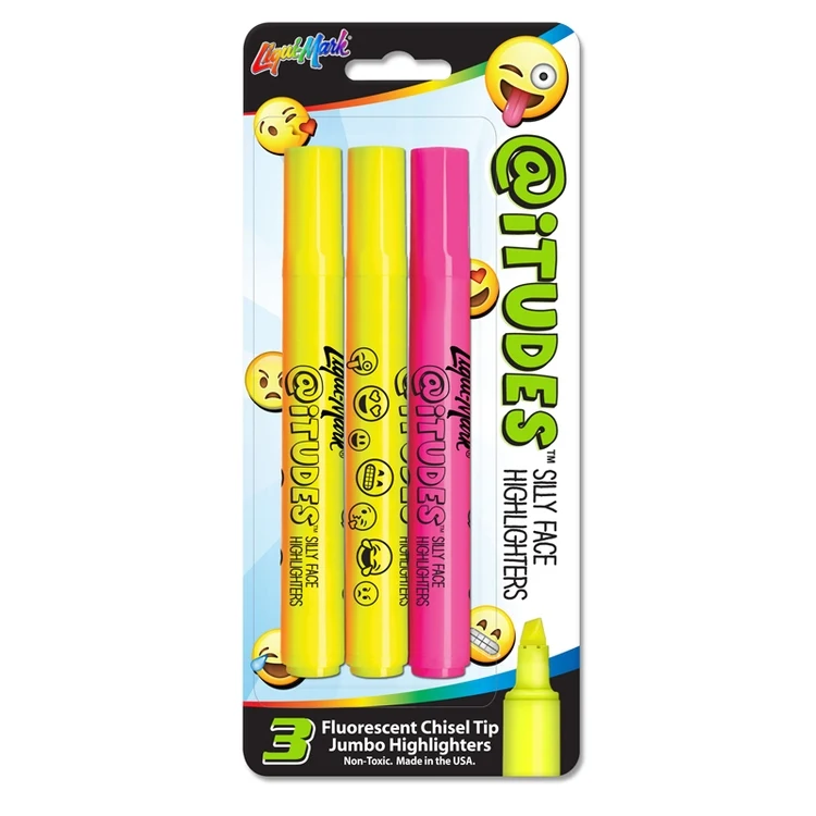 @iTUDES™ 3pk Emoji Silly Face Fluorescent Highlighters, Chisel Tip - USA Union Made 1