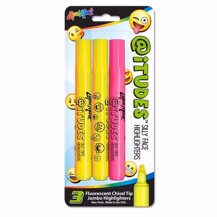 @iTUDES™ 3pk Emoji Silly Face Fluorescent Highlighters, Chisel Tip - USA Union Made