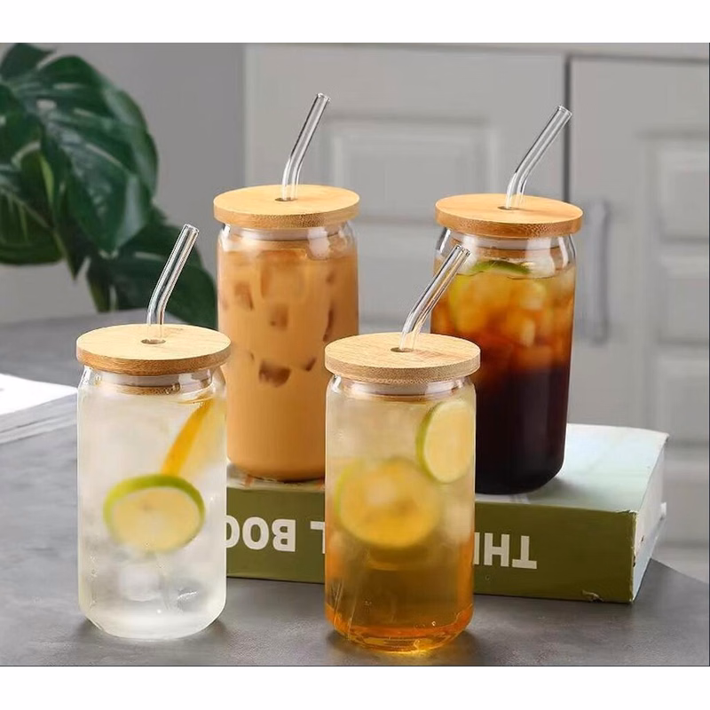 16 Oz Can Shaped Glass Cup with Bamboo Lids and Glass Straw