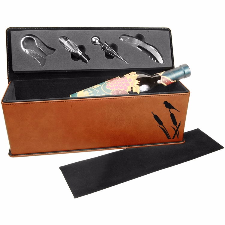 Leatherette Single Wine Box With Tools - Rawhide/Engraves Black