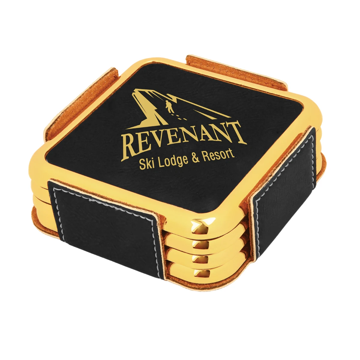 4pcs - 3-5/8" Leatherette Square Coaster Set with Gold Trim (w/Holder) 1