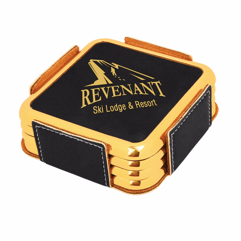 4pcs - 3-5/8" Leatherette Square Coaster Set with Gold Trim (w/Holder)