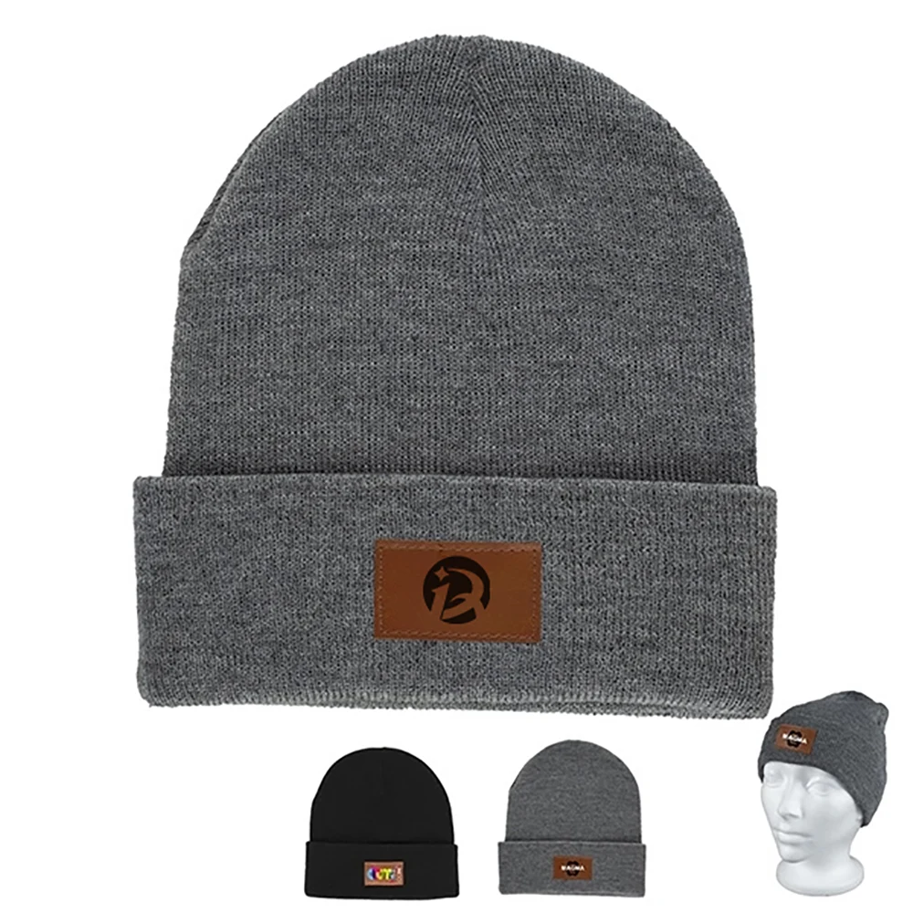 Knit Cuffed Beanie with Leather Patch 1