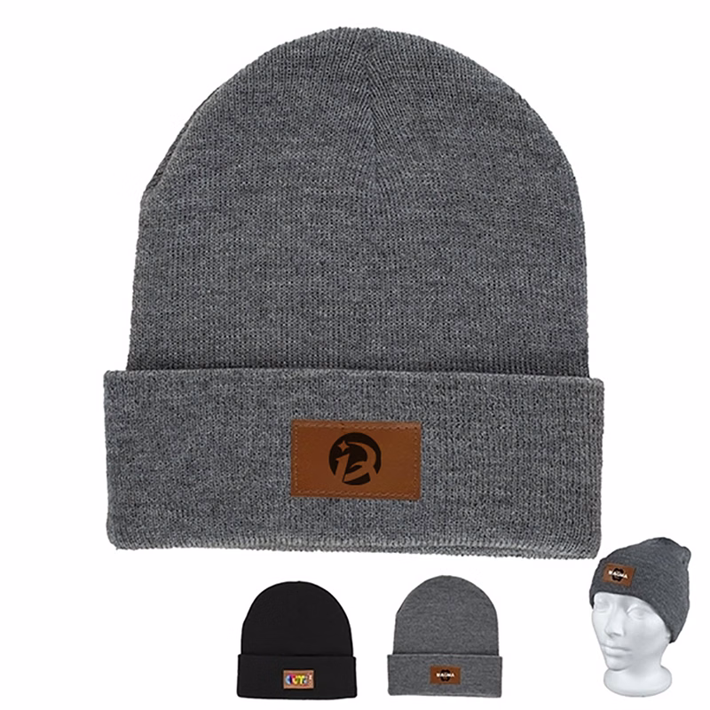 Knit Cuffed Beanie with Leather Patch