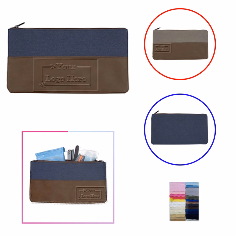 Debossed Handy Bombay PU Leather Cotton Canvas Zipper Pouch
