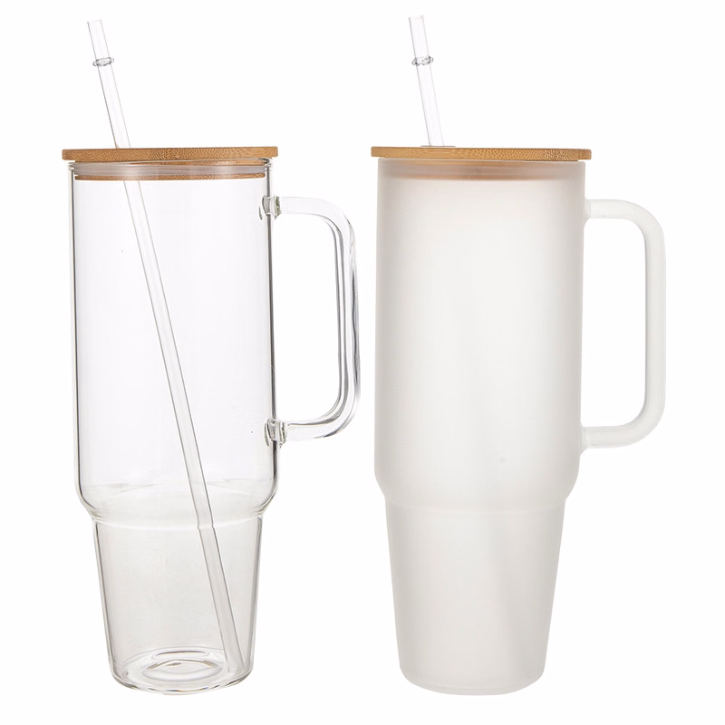 40 oz High Borosilicate Glass Water Bottle Travel Mug Cup with Handle and Straw