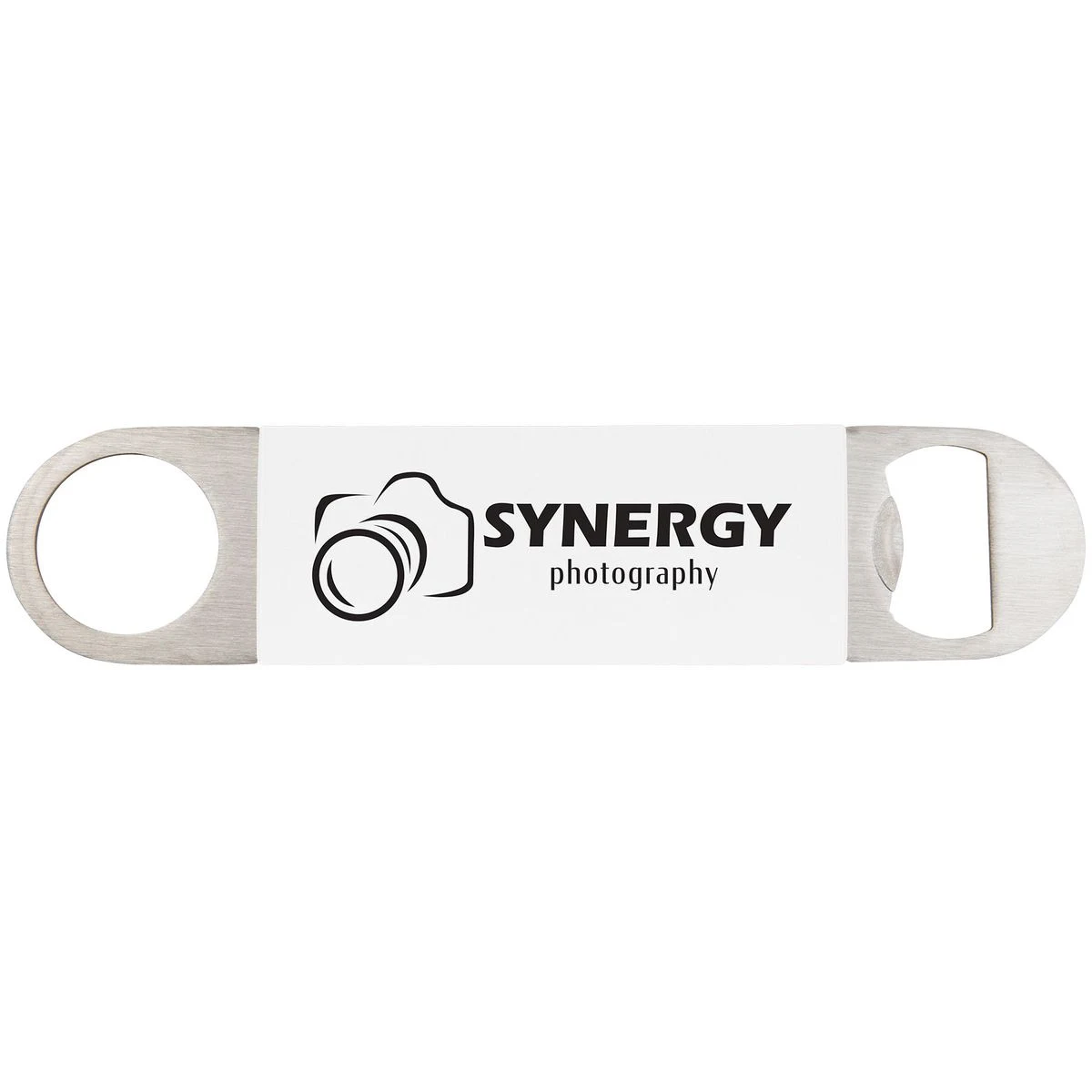 1 1/2" x 7" White/Black Bottle Opener with Silicone Grip 1