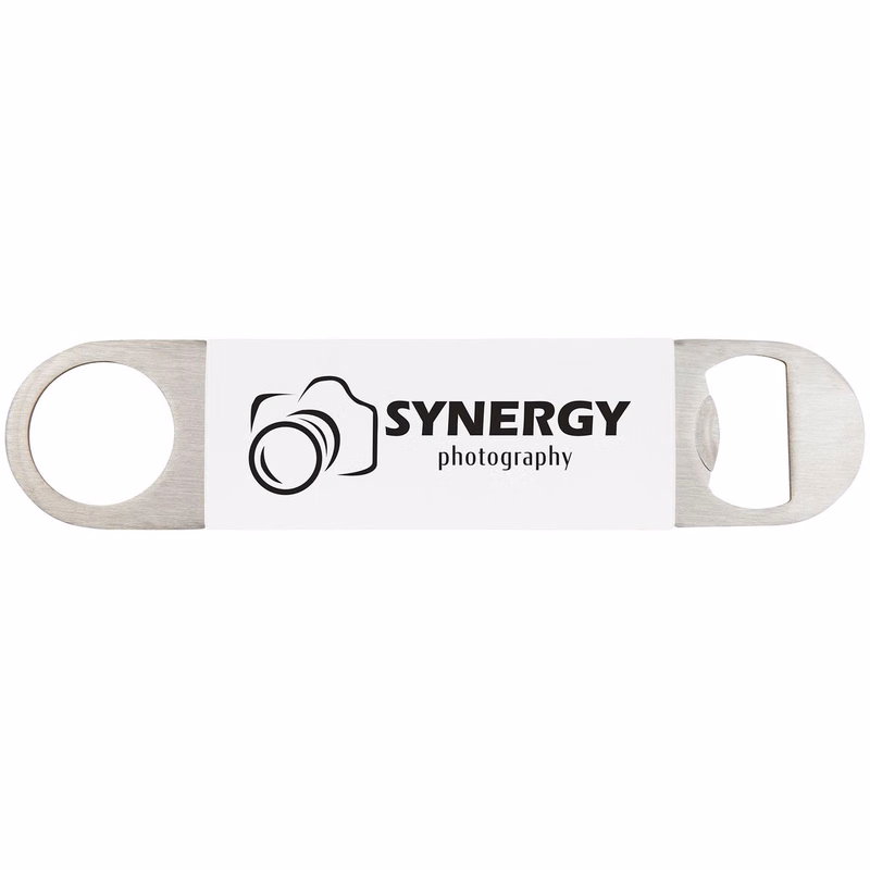 1 1/2" x 7" White/Black Bottle Opener with Silicone Grip