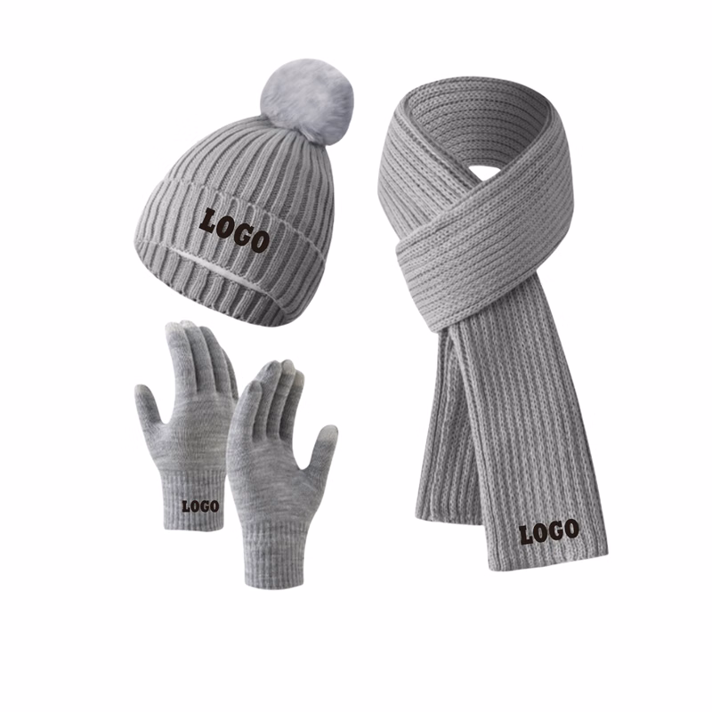 MOQ50 Knitted Hat Scarf Touchscreen Gloves Set