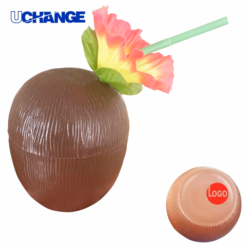 16 oz Coconut Cup Drinkware with Flower Straws for Tropical Events