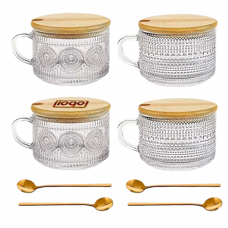 4-Pack 15oz Glass Breakfast Cups with Lid and Spoon