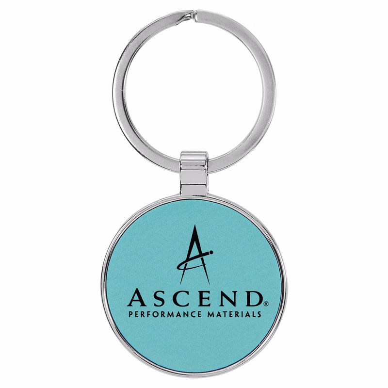 Teal Leatherette/Metal Round Keychain