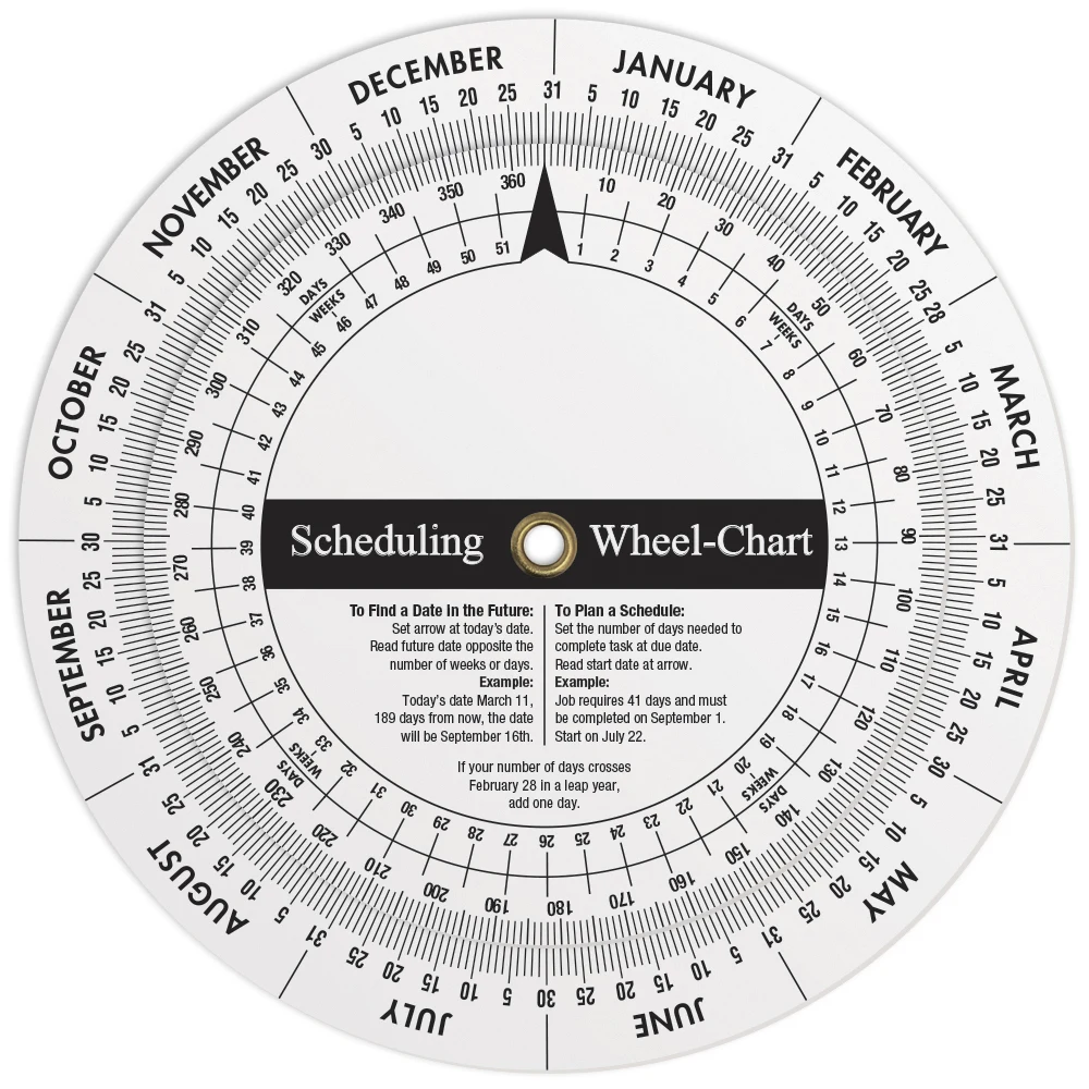 .020 White Plastic Wheel Calculator Perpetual Calendar & Scheduling (4.25" dia.) Spot Colour Imprint 1