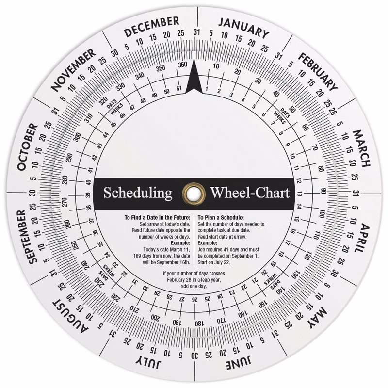 .020 White Plastic Wheel Calculator Perpetual Calendar & Scheduling (4.25" dia.) Spot Colour Imprint