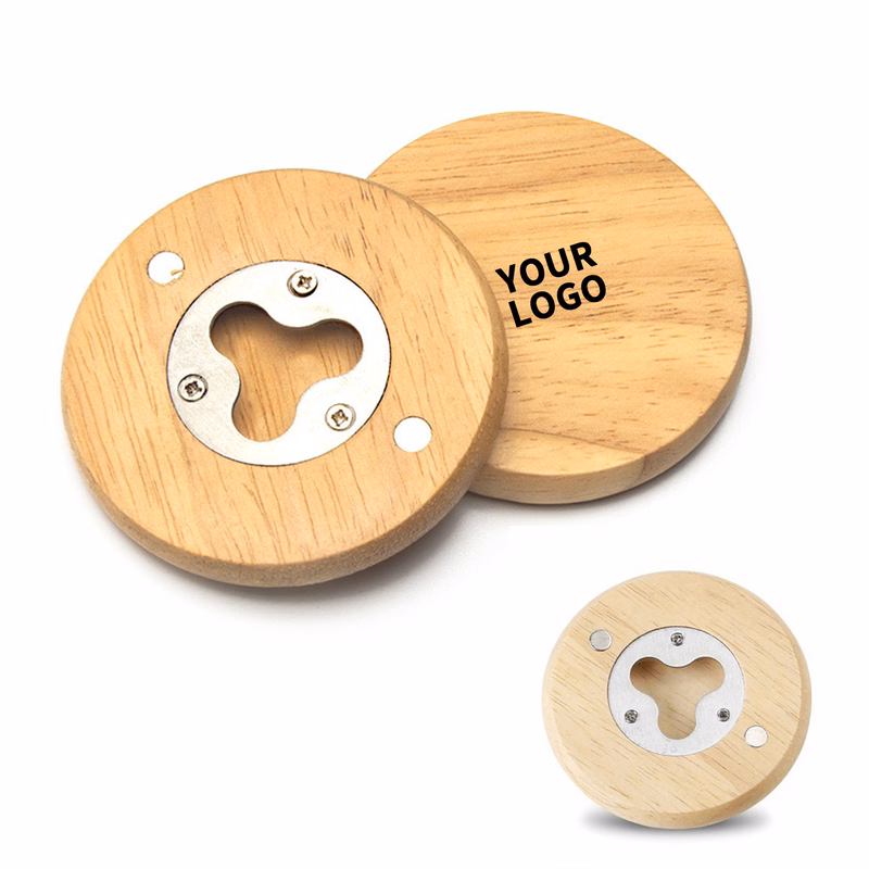 Round Bamboo Bottle Opener With Magnetic Base 2.76" Diameter