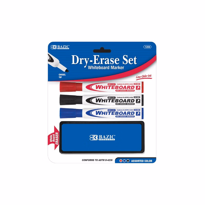 Dry Erase Markers & Eraser Sets - 3 Assorted Colors Chisel Tip