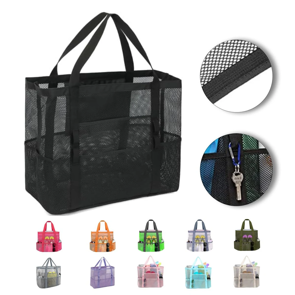 XL Mesh Beach Tote with Multi-Pockets & Nylon Base 1