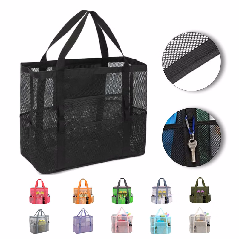 XL Mesh Beach Tote with Multi-Pockets & Nylon Base