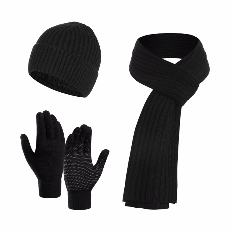Winter 3 PCS Knitted Warm Knit Beanie Hat Scarf Gloves Gift Set