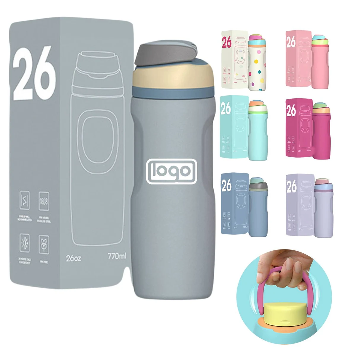 26 oz Custom Stainless Steel Sport Bottle Flip Lid Handle, custom water bottle with logo imprint 1