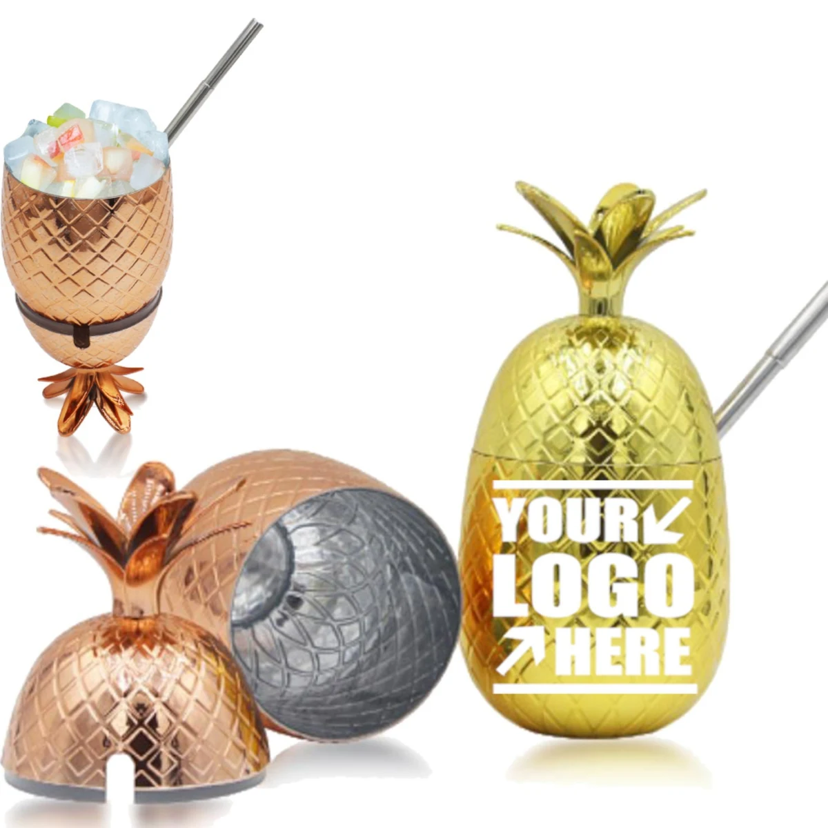 15 OZ Pineapple Cups With Stainless Steel Straw 1