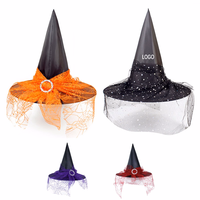 Peaked Halloween Witch Cap With Buckle Mesh Decoration