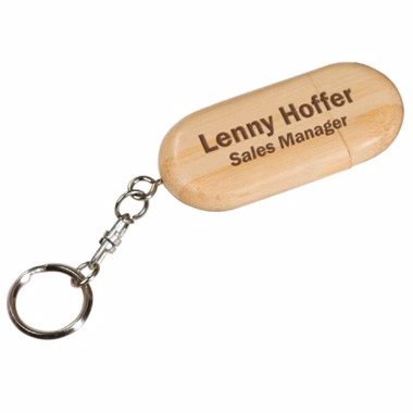 Eco-friendly 2GB Bamboo USB Flash Drive Keychain with Rounded Casing.