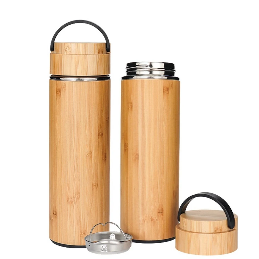 15 oz Vacuum-Sealed Bamboo Water Bottle with Plastic Handle 1