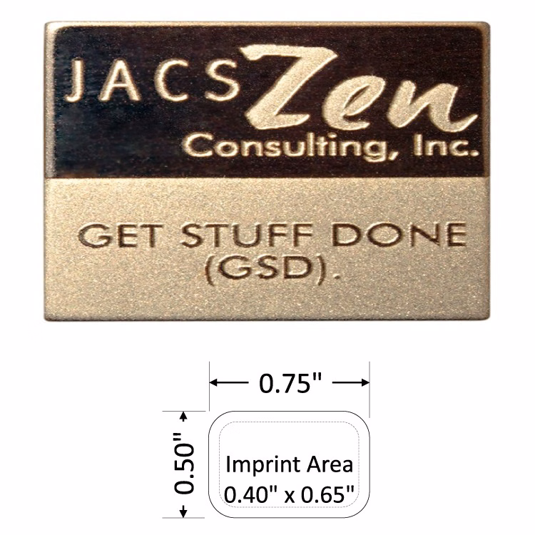 Rectangle 0.75" Polished Brass Etched Lapel Pin with Silver Color Fill - USA Made