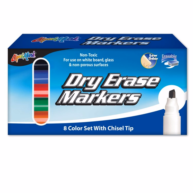 8 Pack Dry Erase, Low Odor, Chisel Tip Markers - Assorted - Made in the USA