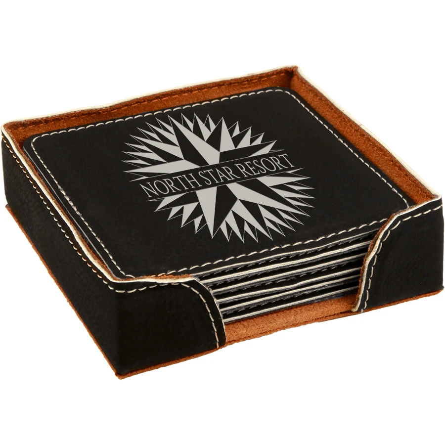 4" x 4" Black/Silver Square Leatherette 6-Coaster Set 1