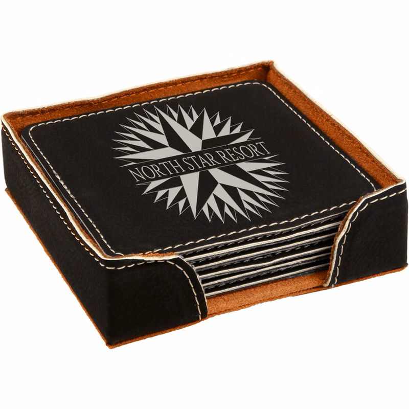 4" x 4" Black/Silver Square Leatherette 6-Coaster Set