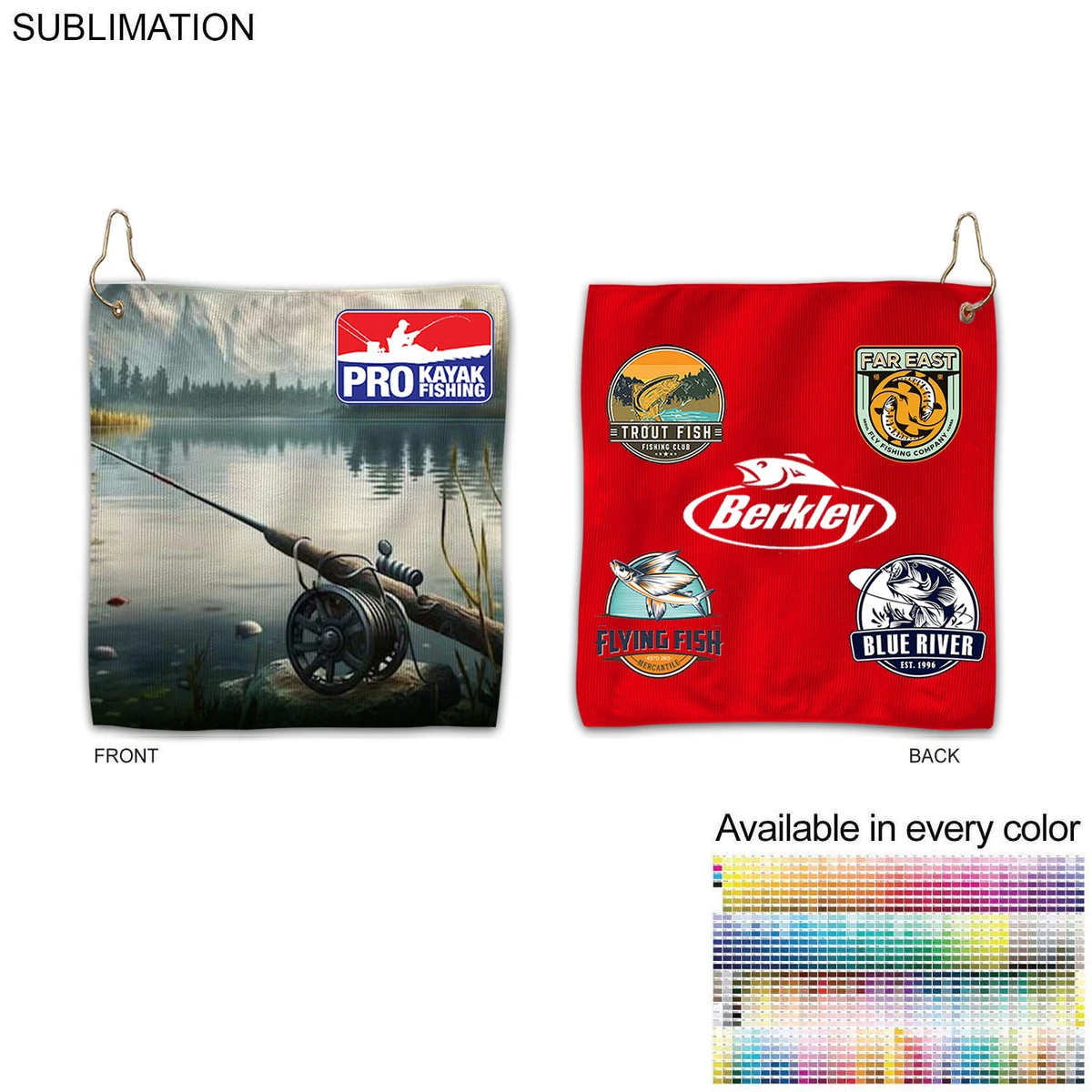 Colored Microfiber Dri-Lite Terry Fishing Towel, 10x10, Nofold Grommet & Hook, Sublimated 2 sides 1