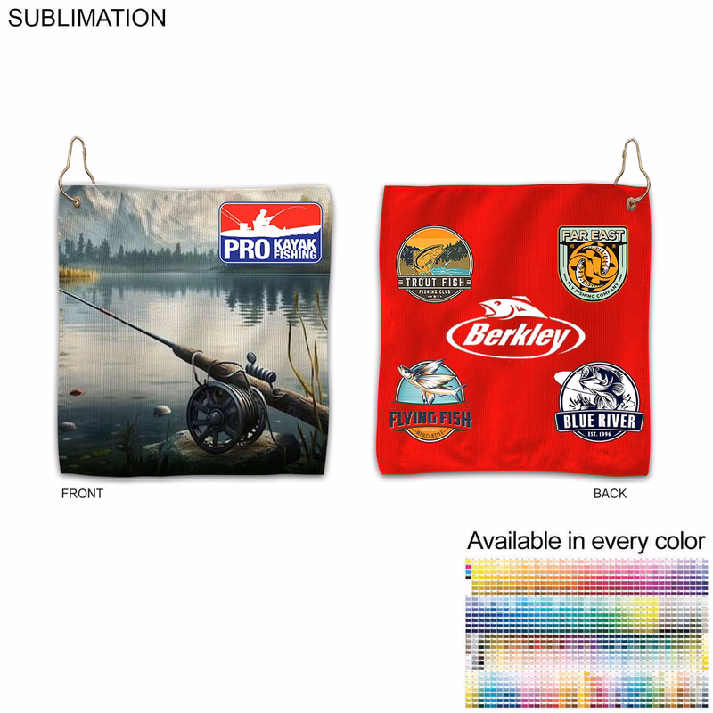 Colored Microfiber Dri-Lite Terry Fishing Towel, 10x10, Nofold Grommet & Hook, Sublimated 2 sides